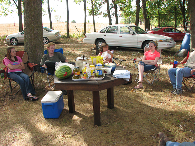 Some of the spread of food. Richard grilled hamburgers for the main course.