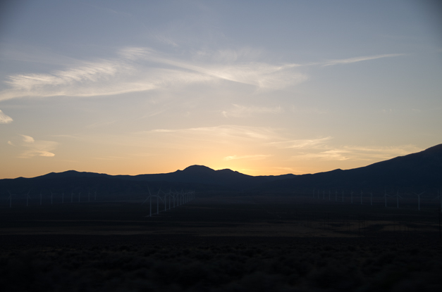 Sunset over a big wind farm in NV.